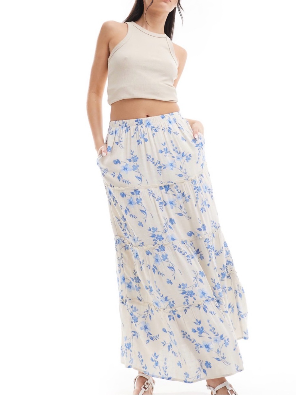 Hollister Blue Floral skirt Cotton Tiered - Cream and Blue
